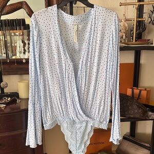 Free People Light Blue Polka Dot Bodysuit
